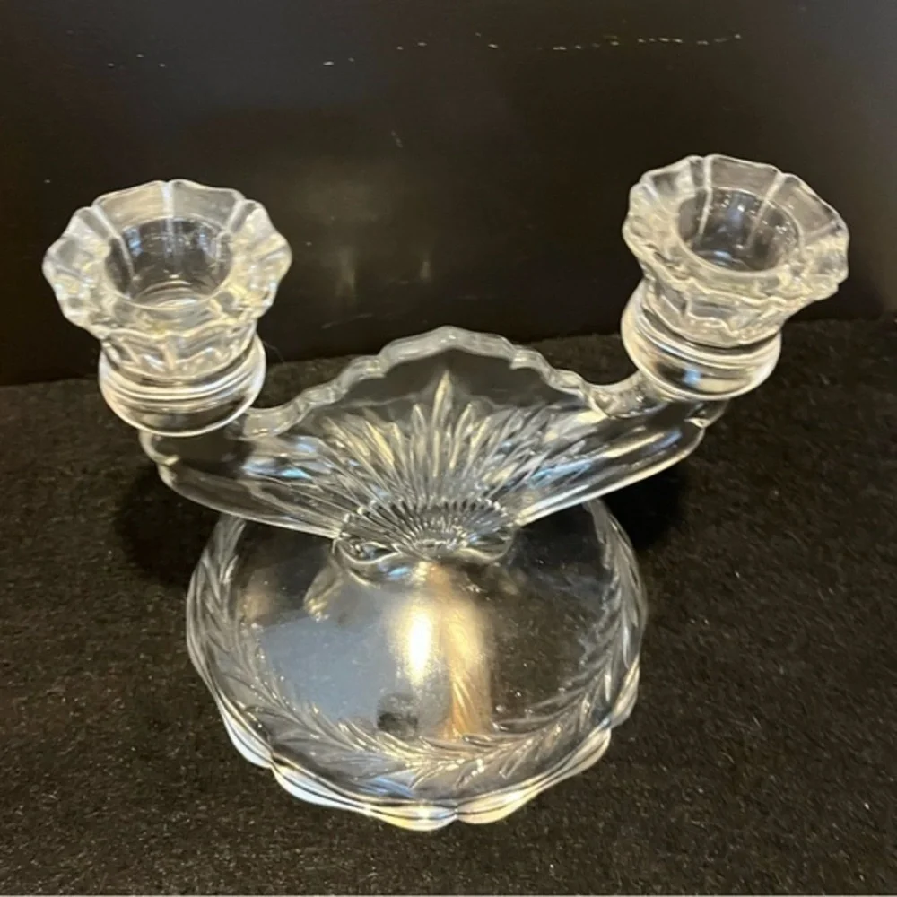 Vintage Clear Jeanette Glass Double Candlestick Sunburst Herringbone Set of Two